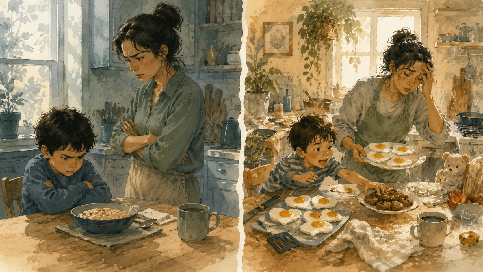 Two contrasting family breakfast situations showing strict and overly accommodating parenting approaches