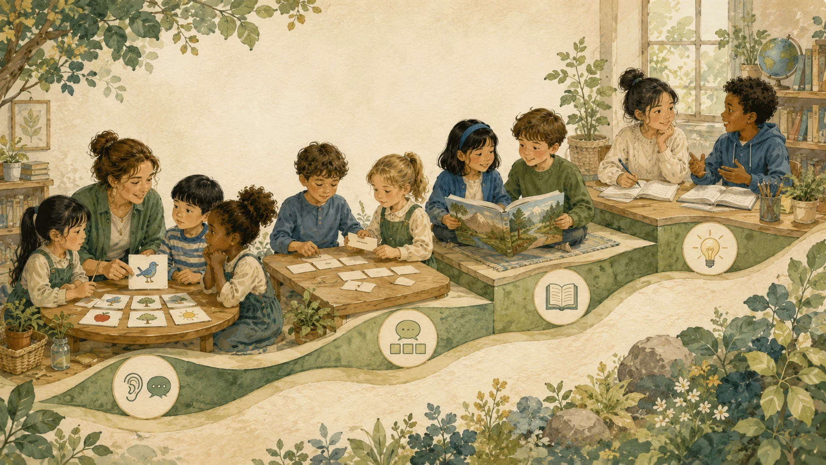 Students progressing through connected English-learning stages with support from a teacher