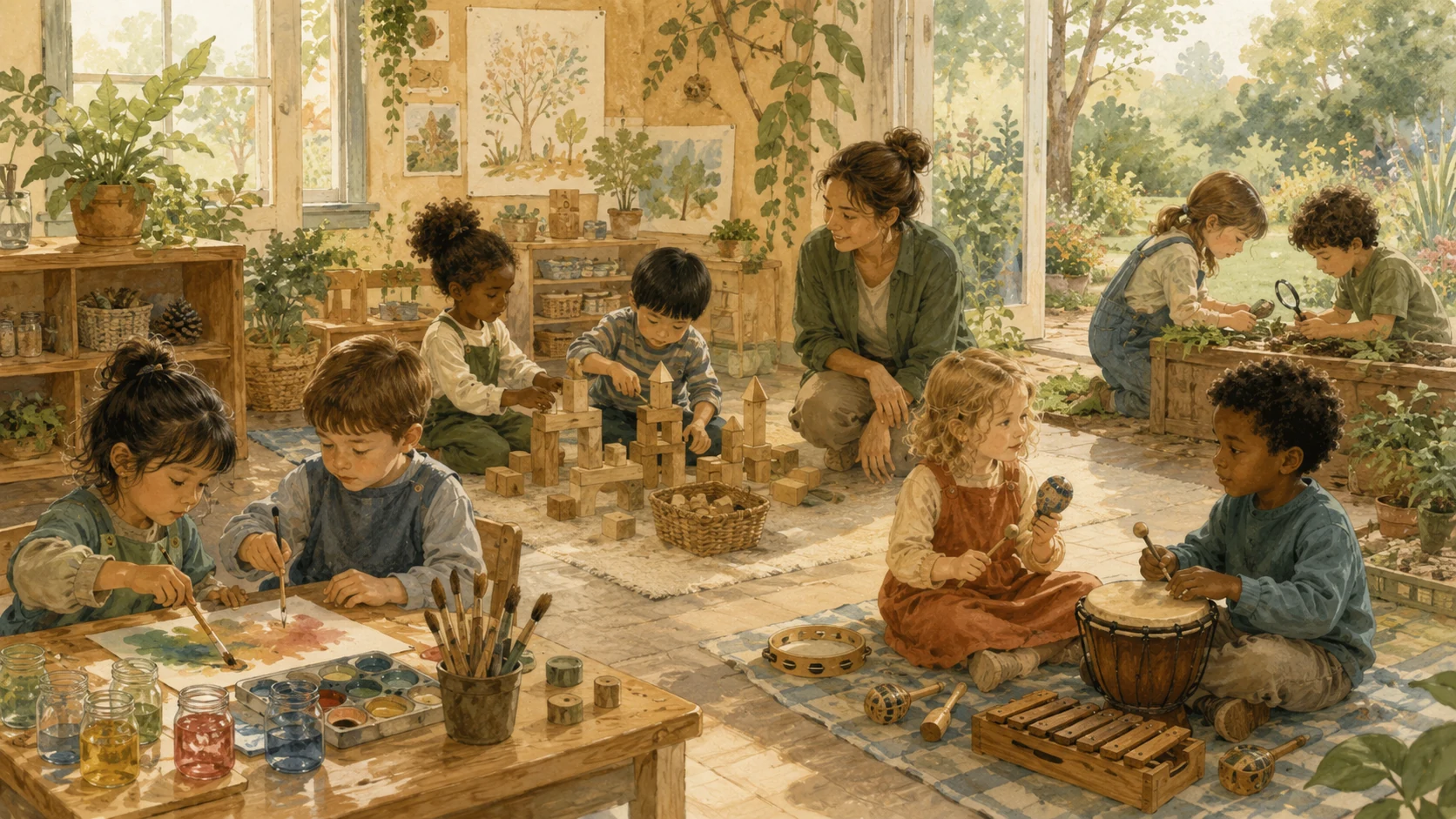Children learning through blocks, art, music, and nature while a supportive teacher observes