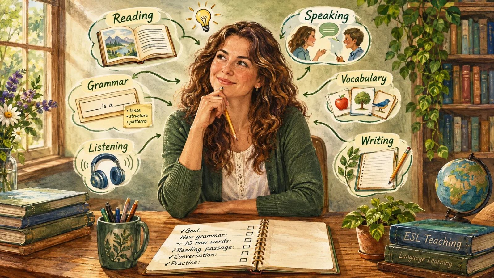 A teacher plans an ESL lesson around reading, writing, listening, speaking, grammar, and vocabulary.