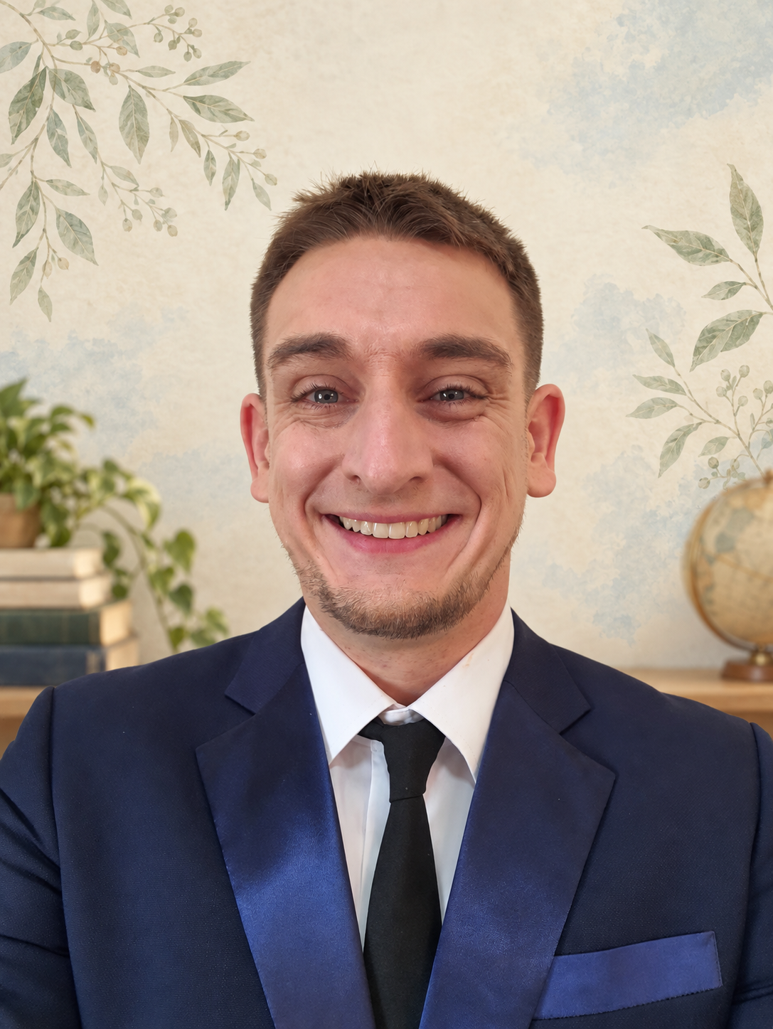 Mr. Bob smiling in a formal blue suit, against a warm botanical study backdrop